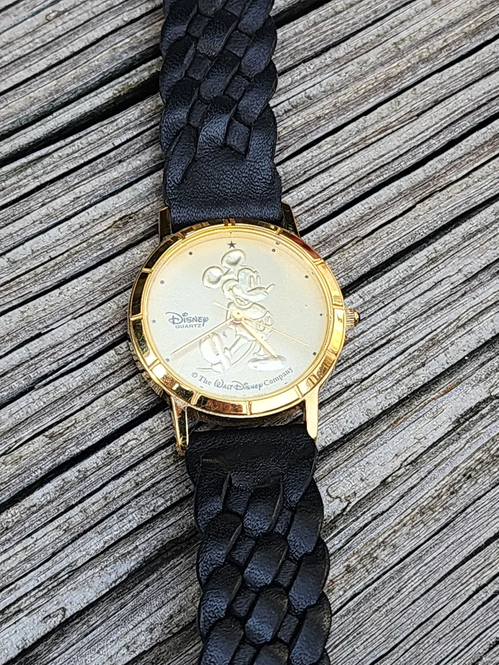 Collectible VNTG Disney Gold-Tone Mickey Mouse Quartz Watch, Black Leather Strap